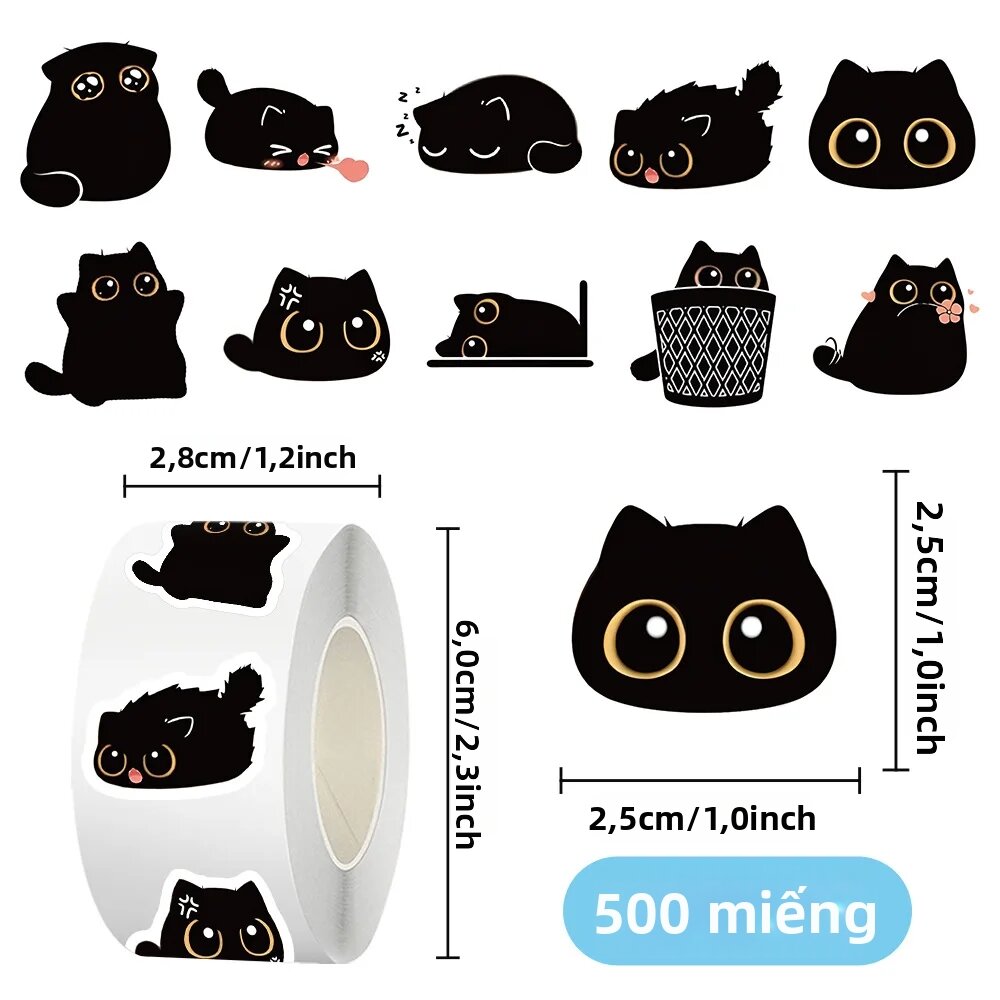500 Miếng/Cuộn Hình Dán Mèo Đen Hoạt Hình Dễ Thương Phong Cách Kawaii Trang Trí Vali Laptop Máy Tính Nhật Ký Dễ Thương Chất Liệu Hỗn Hợp
