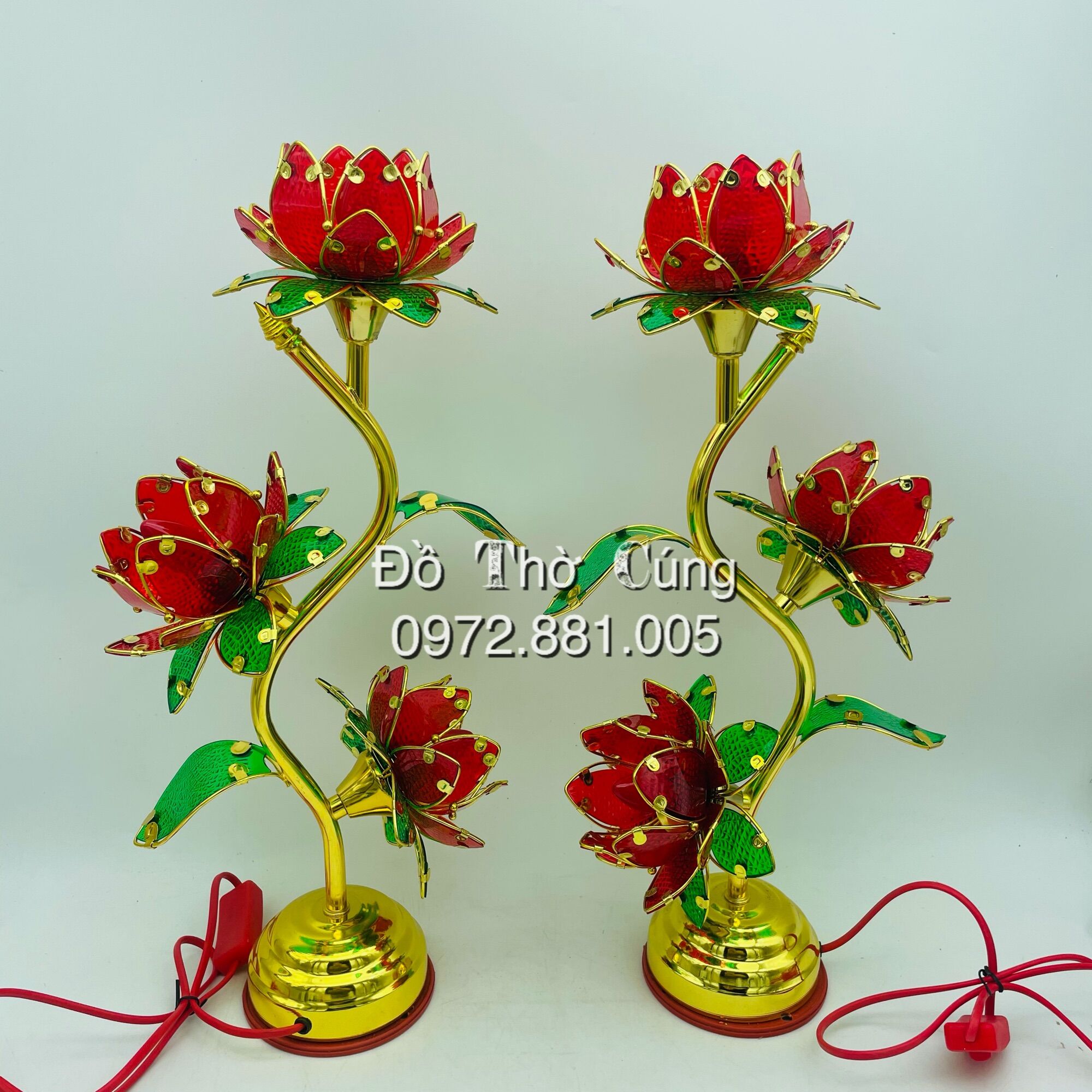 Đèn thờ cánh nhựa 3 bông màu đỏ