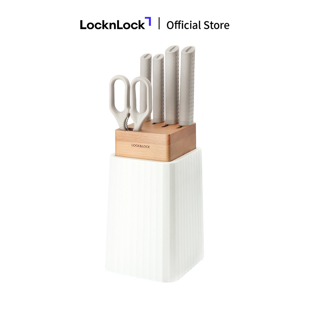BỘ DAO 6 MÓN LockLock (4 dao 1 kéo 1 hộp đựng dao) - màu trắng - CKK802 - thép không gỉ sắc bén, có kí hiệu trên cán dao