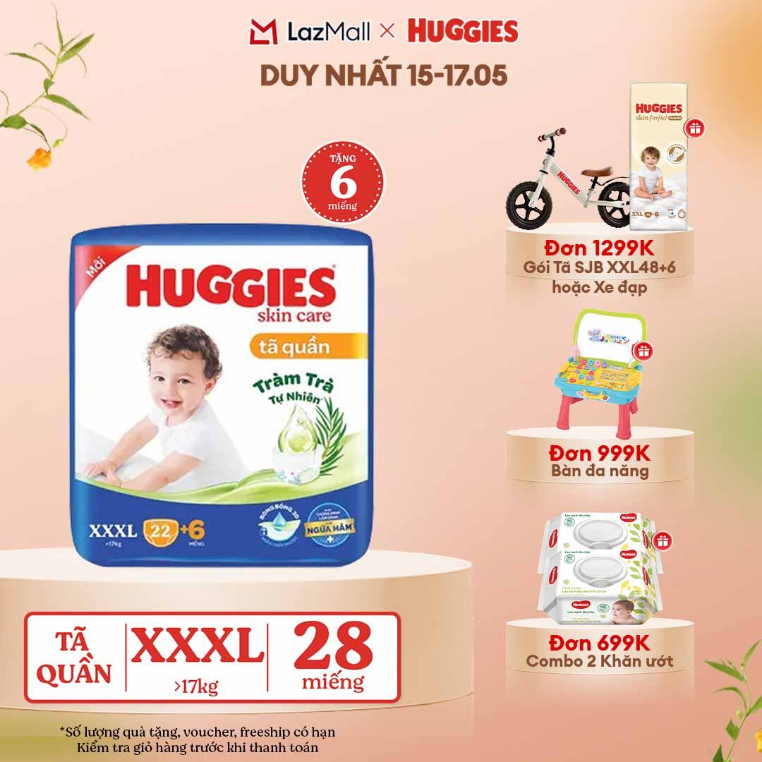 [CHỈ 15-17.05 GIẢM THÊM 90K] Tã/bỉm quần Huggies Skin Care Jumbo XXXL22+6 miếng với tràm trà dịu da