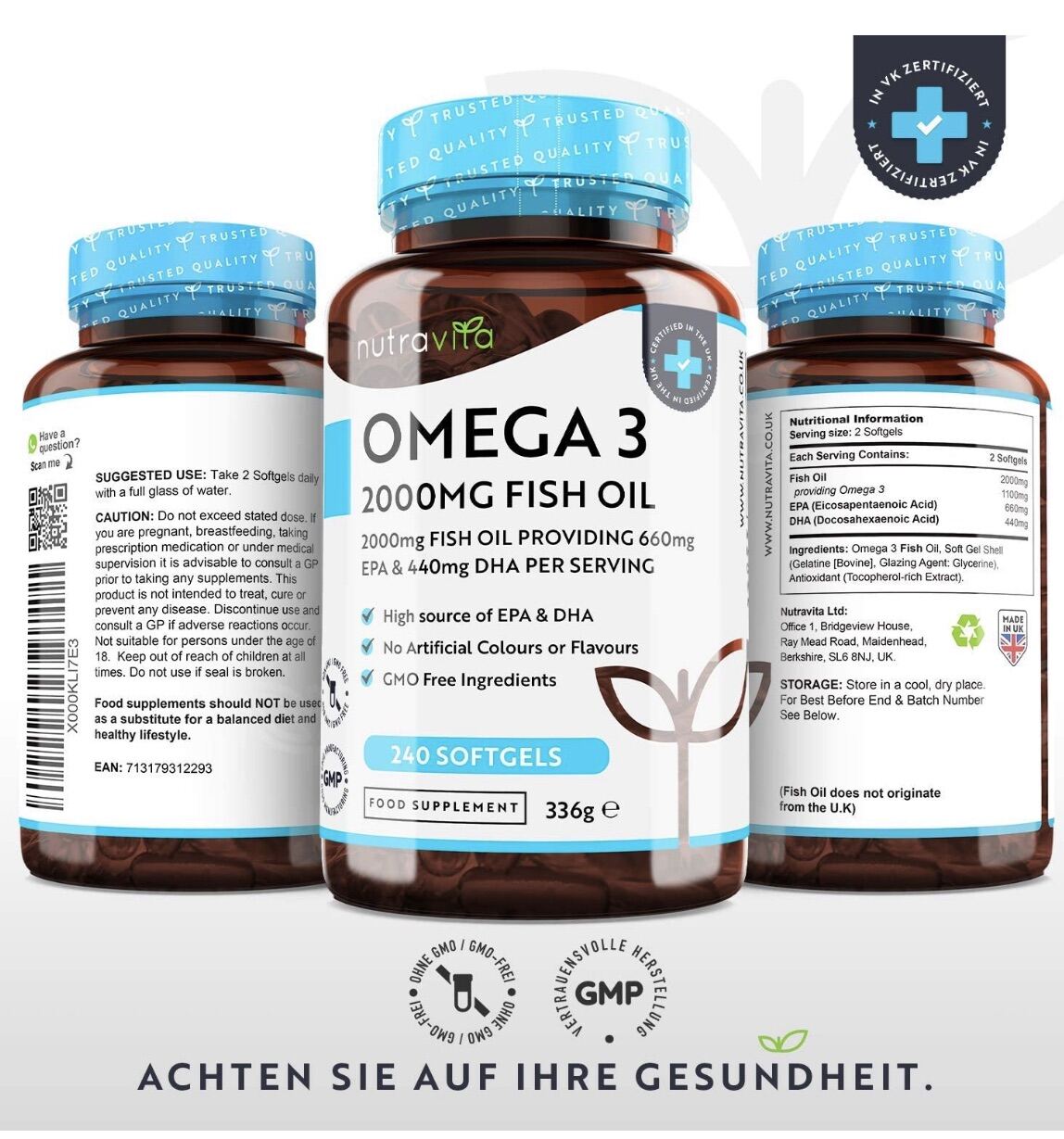 Omega 3 Nutravita UK 2000mg Fish Oil 660 mg EPA & 440 mg DHA, 240