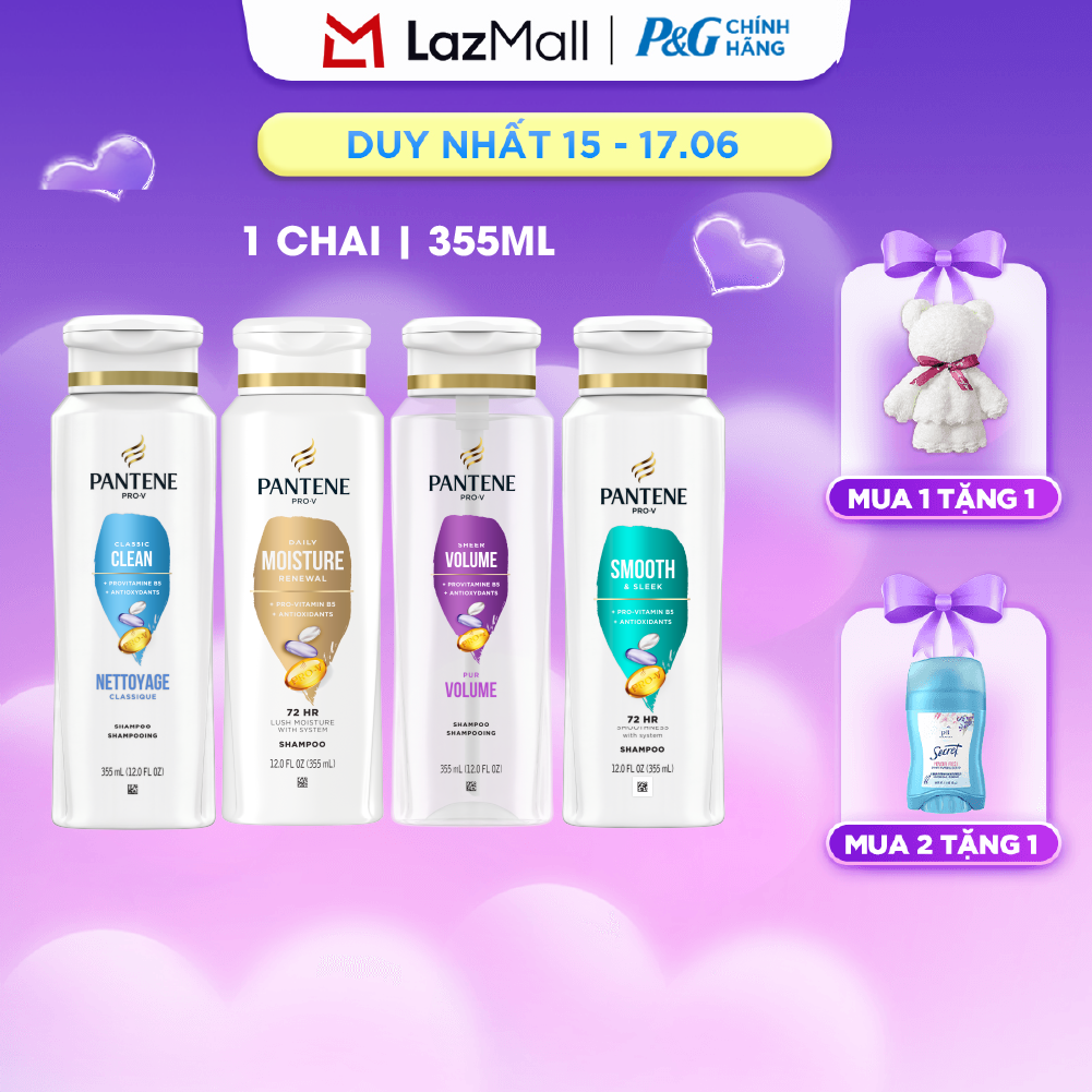 Dầu Gội PANTENE Nhập Khẩu Mỹ Hương Smooth  Sleek/ Moisture Renewal/ Smooth  Sleek/ Sheer Volume Chai 355ML