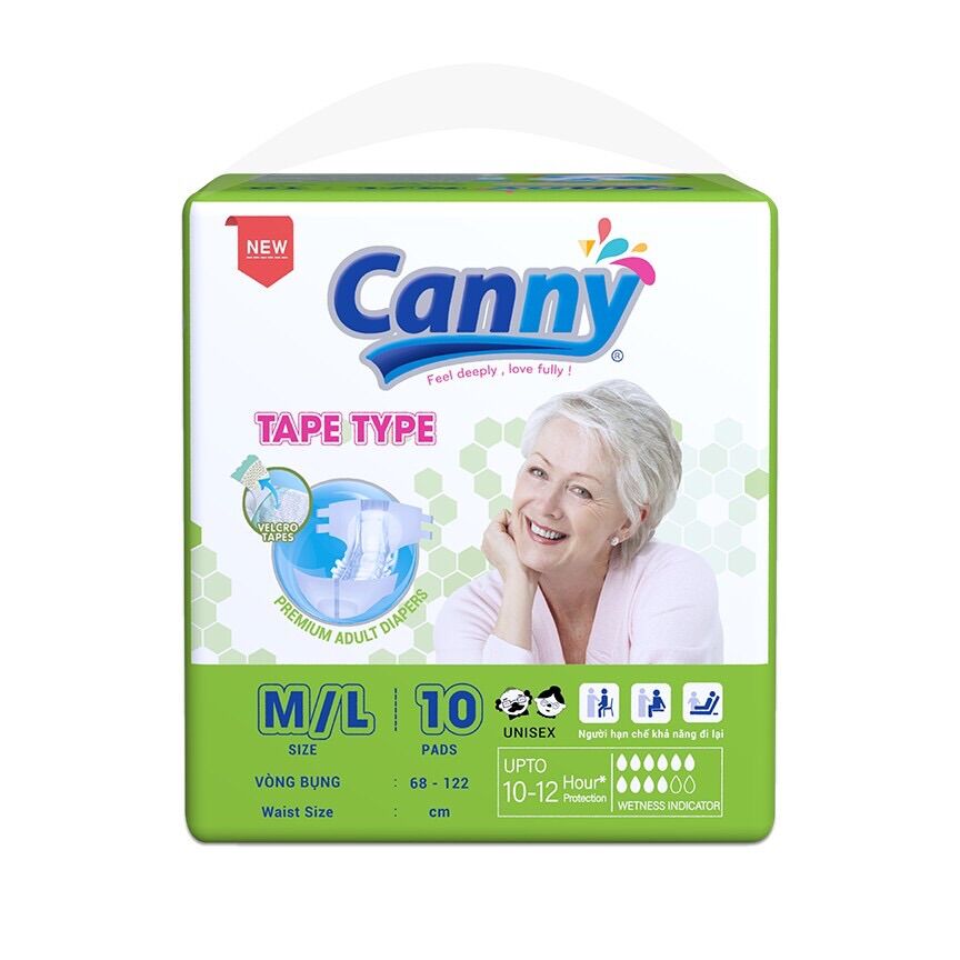 Tã dán người lớn Canny, Bỉm dán người già siêu thấm hút, chống tràn, dày dặn, mềm lại size M, M/L, XL 10 miếng/gói