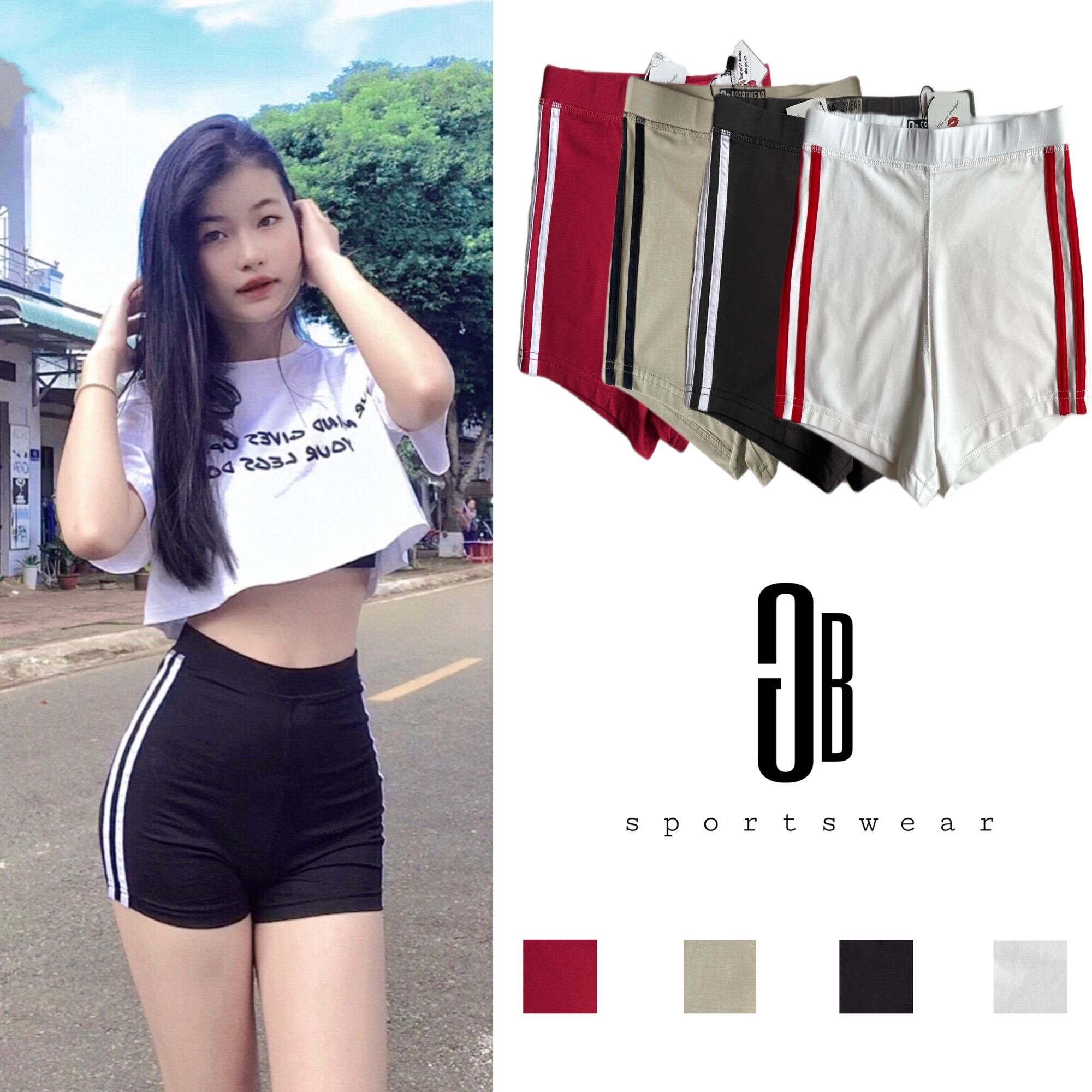 Quần short đùi ngắn thể thao cao cấp nữ, 2 sọc GB cạp, lưng cao ôm, nâng mông 100% cotton tập gym, yoga, nhảy dance, đi chơi đều xinh