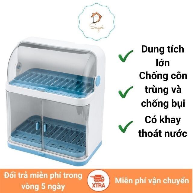 Kệ úp chạn bát có nắp đậy và khay thoát nước chất liệu nhựa abs kiểu dáng 2 tầng