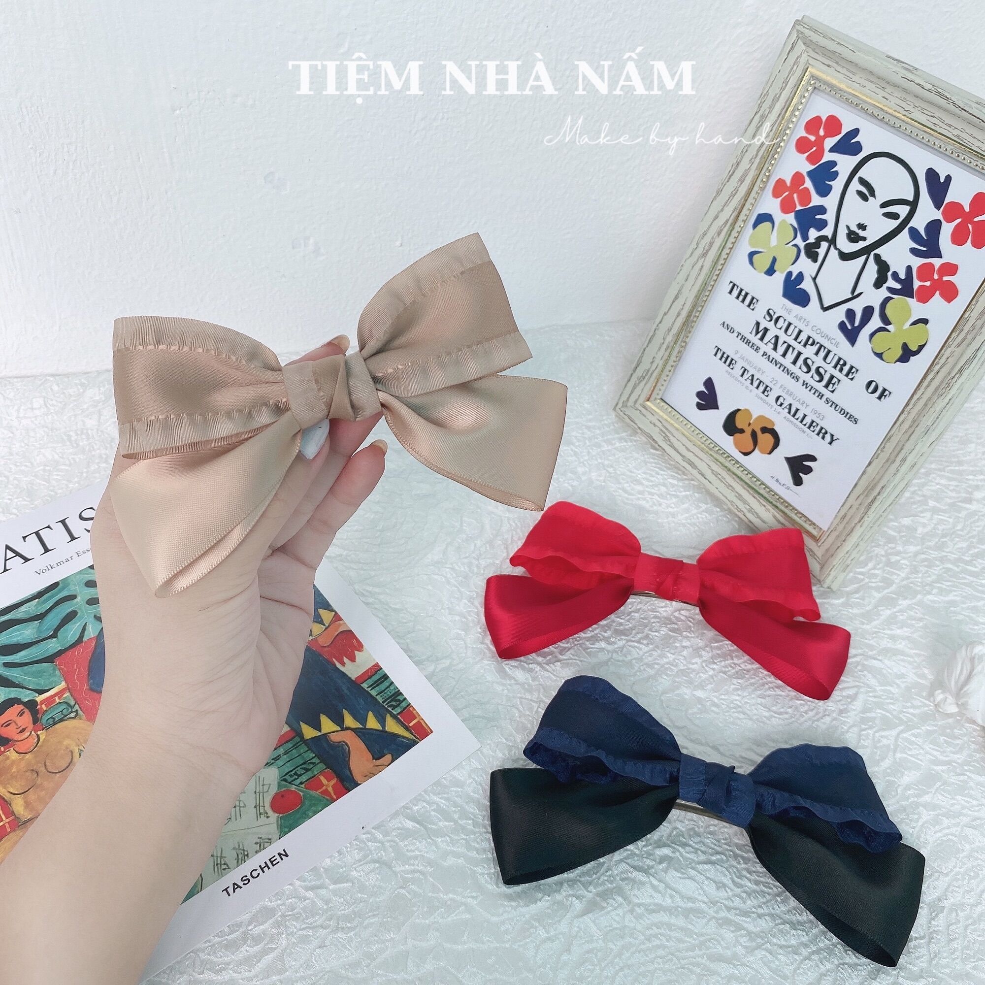 🎀 KẸP TÓC NƠ VIỀN BÈO PHỐI SATIN TIỂU THƯ - [ Nhà Nấm handmade ]