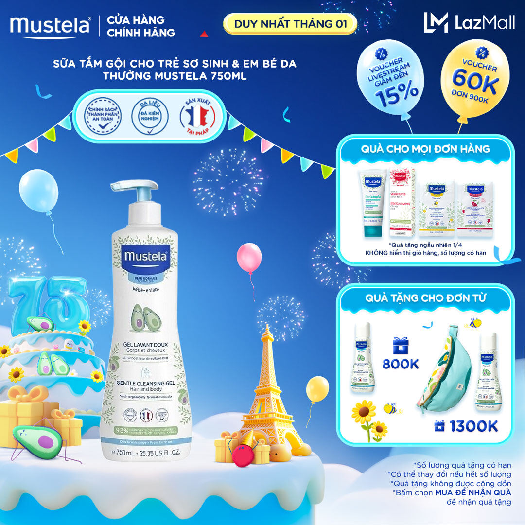  Sữa Tắm Gội Cho Trẻ Sơ Sinh & Em Bé Da Thường Mustela 750ml 