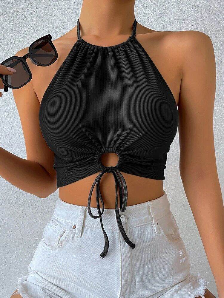 D620 Áo croptop ĐEN cổ yếm cột Eo khoét tròn rút dây