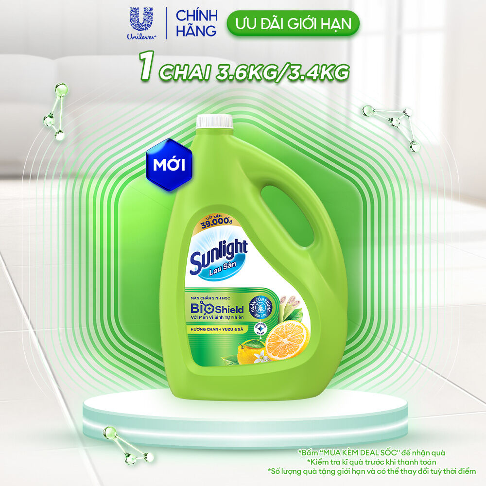 Nước lau sàn cao cấp Sunlight Bioshield Chai 3.4KG/3.6KG | Ngăn côn trùng đến 24h / Khử 5 mùi hôi