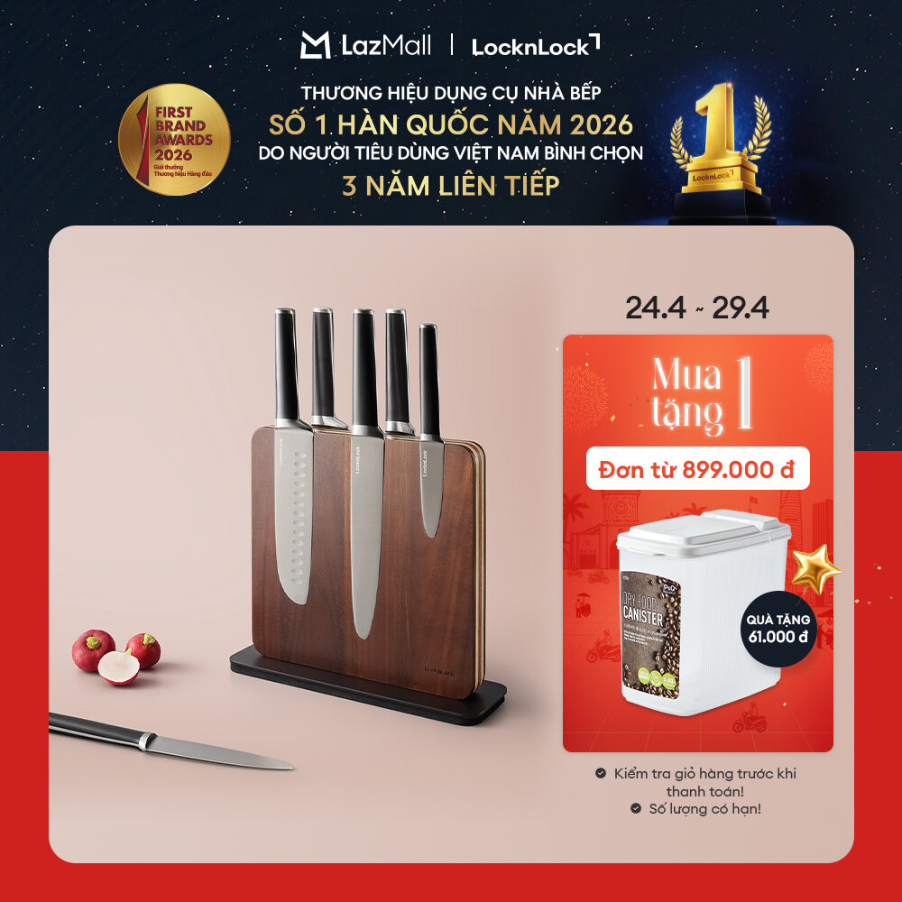 Bộ dao 7 món LockLock CKK804 gồm 6 dao, 1 khối đỡ dao nam châm bằng gỗ - Màu nâu