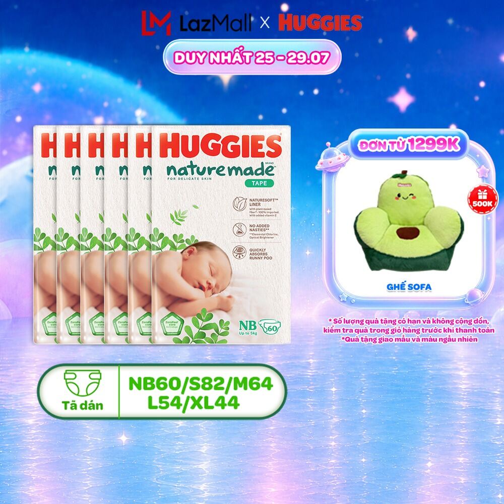 Combo 6 Tã/Bỉm Huggies Platinum NatureMade - Dán NB60/S82/M64/L54 hoặc Quần M58/L44/XL38/XXL26/XXXL28