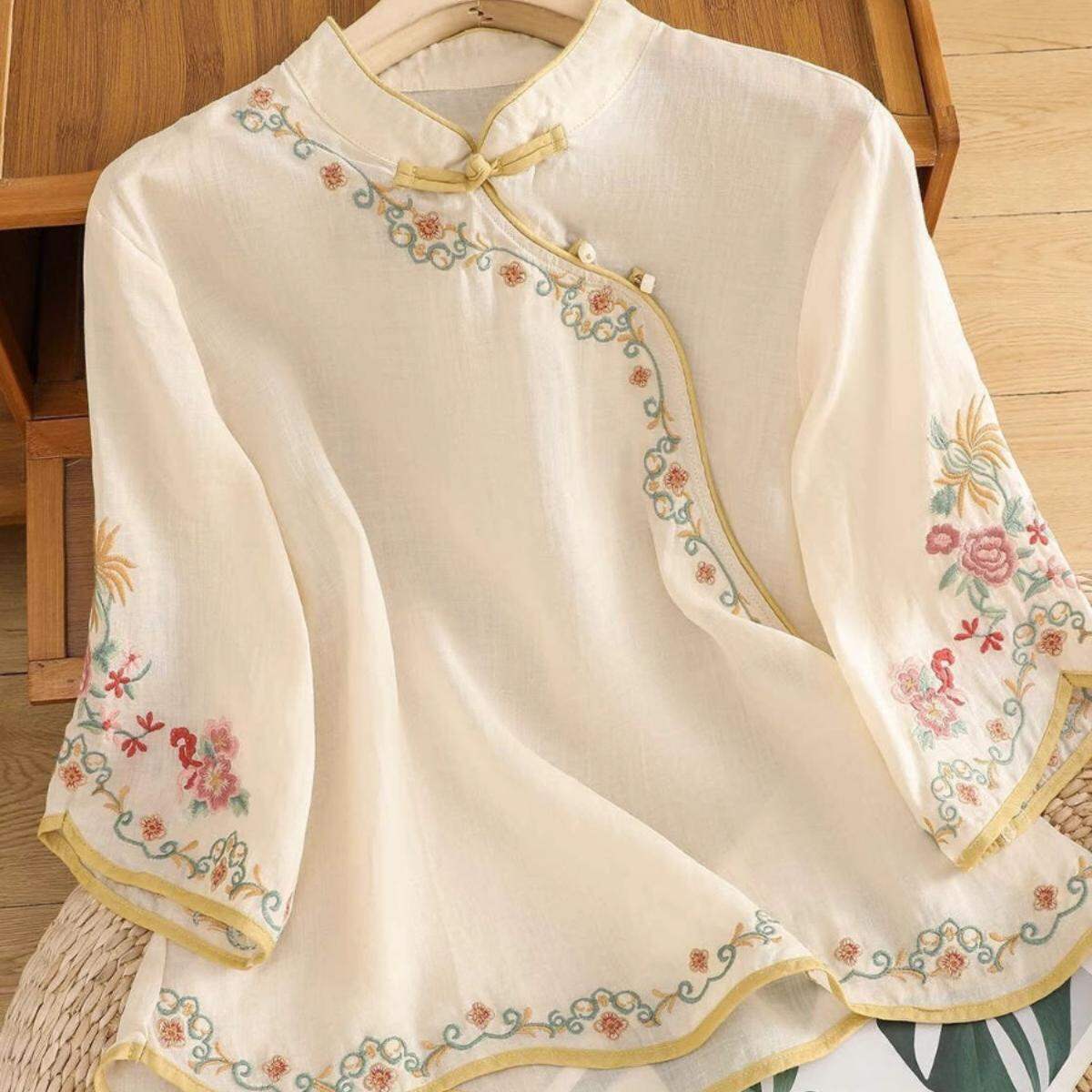 Mùa Hè Phong Cách Trung Hoa Mới Thêu Cotton, Vải Bông Vải Lanh Áo Sơ Mi Nữ Nghệ Thuật Retro Áo Dịch Vụ Trà Trượt Bên Nút Zen Trung Quốc