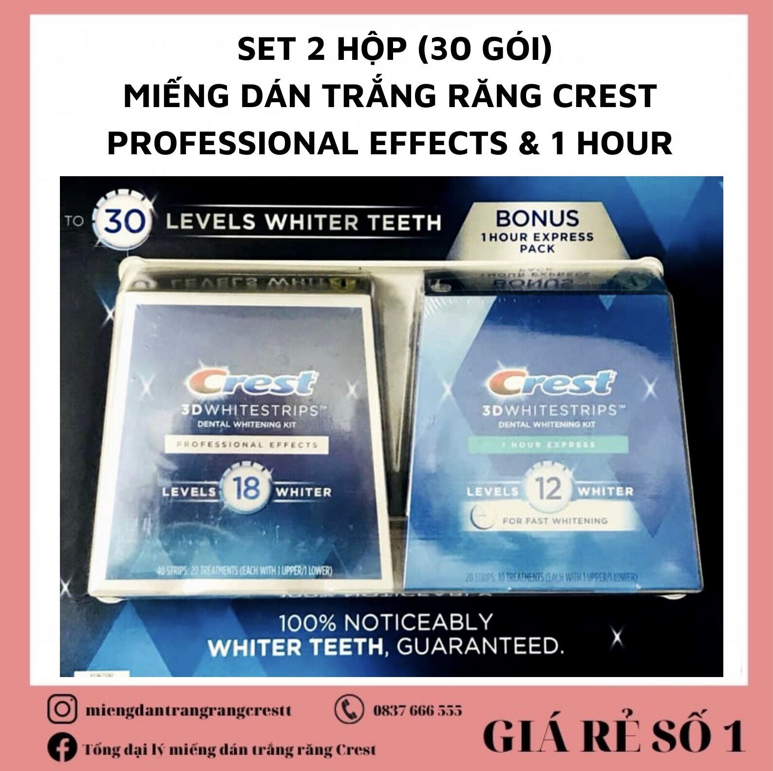 Set 2 hộp miếng dán trắng răng crest 3d white professional effects & 1 hour - 24 gói chính hãng
