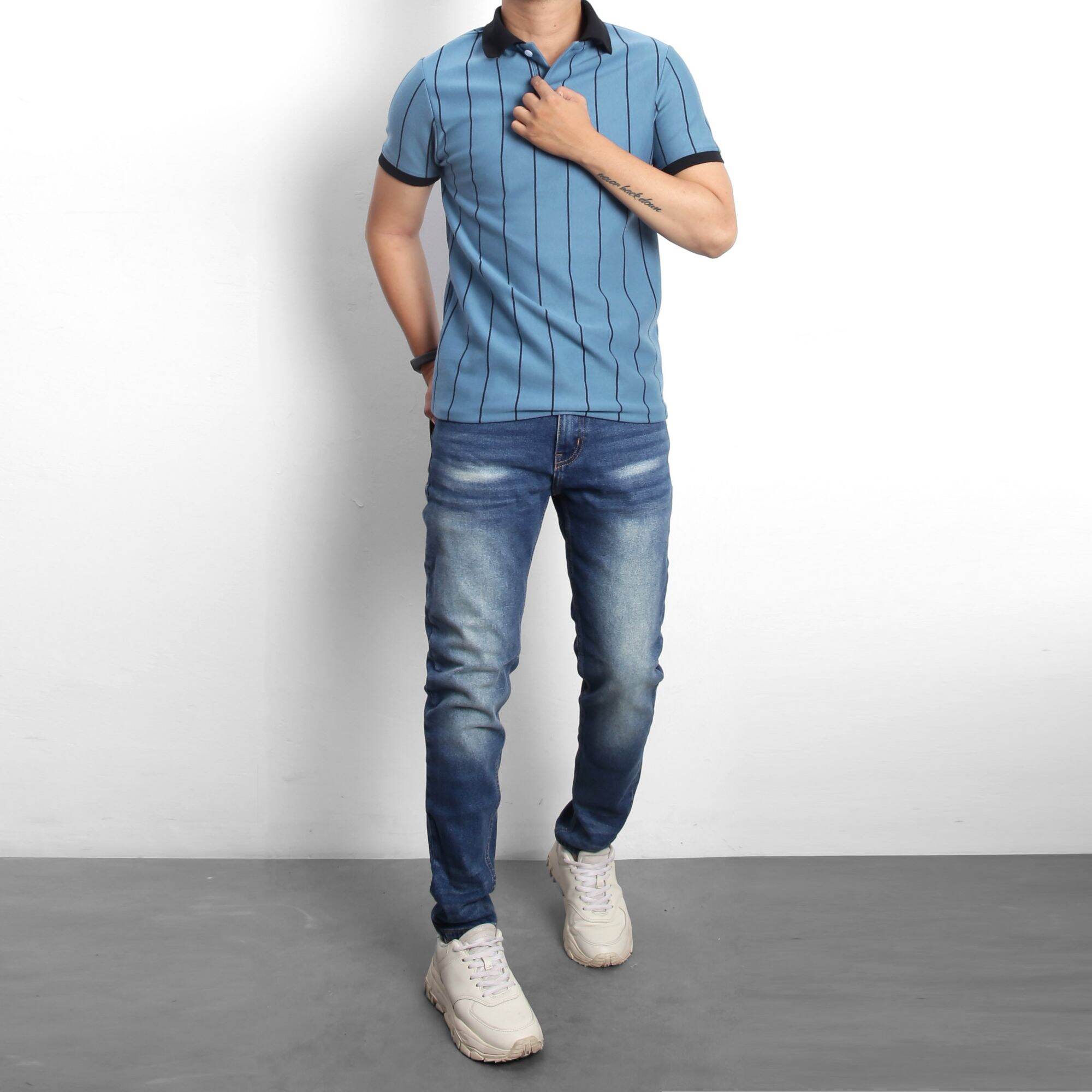 Áo thun nam có cổ ngắn tay polo vải thun cotton 100% sọc dọc