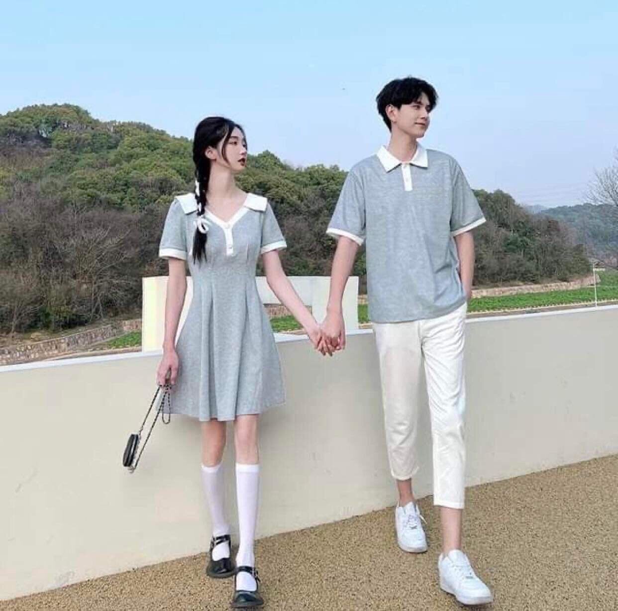Set đồ đôi màu xám phối nơ trắng sau lưng dễ thương