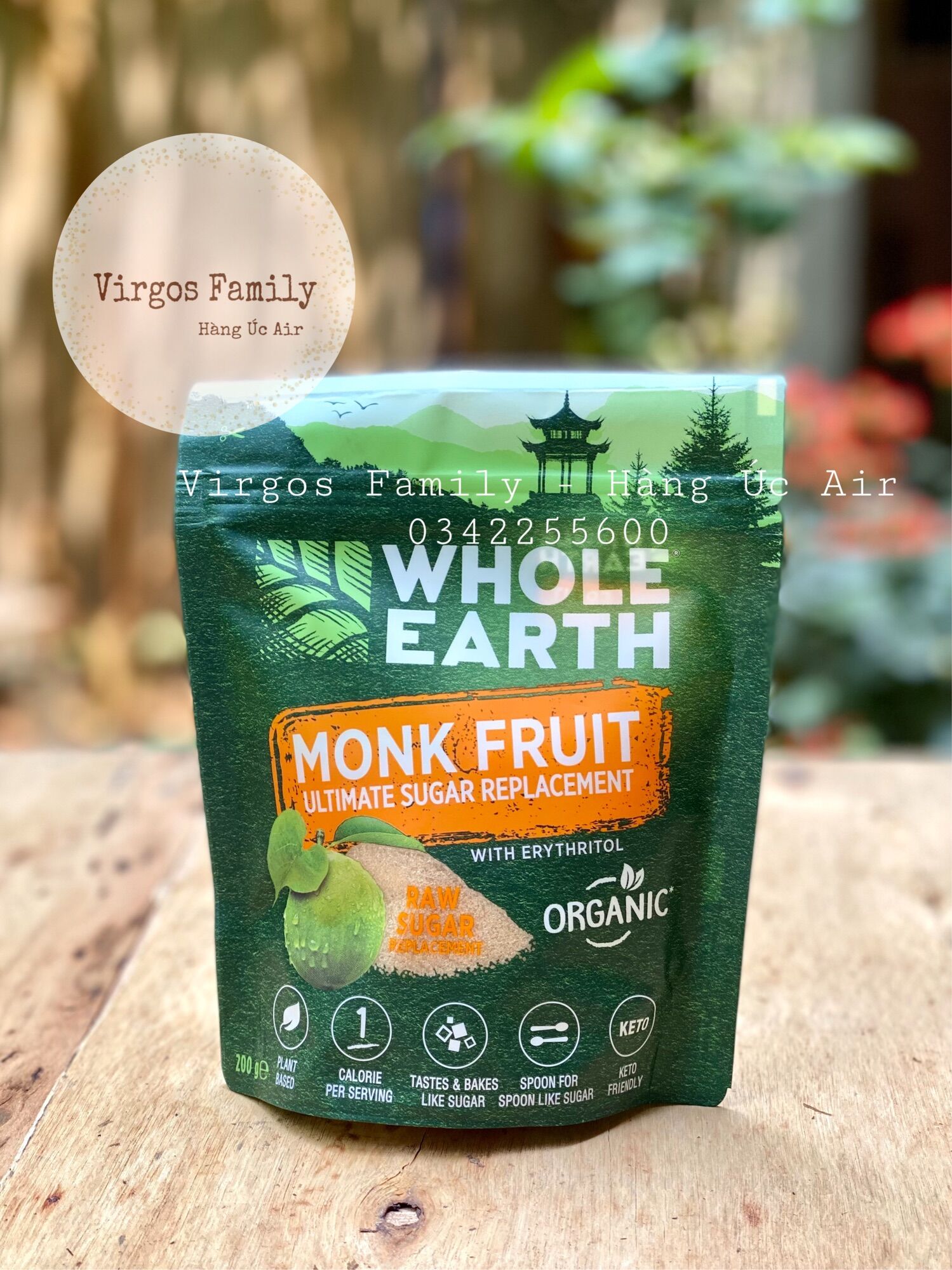 Đường ăn kiêng hữu cơ Whole Earth Monk Fruit 200g - Thành phần cỏ ngọt & quả la hán