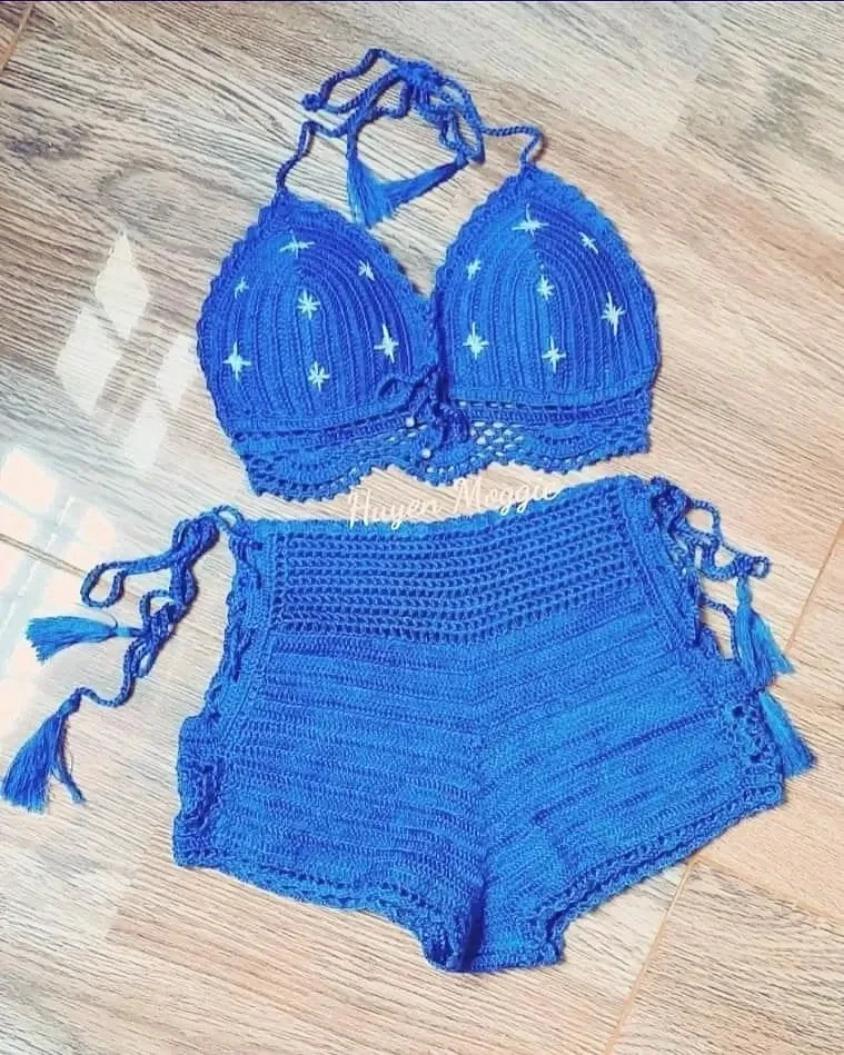 Set áo và quần sợi móc đan dây