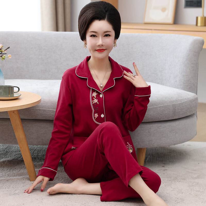 Đồ Ngủ Nữ Bộ Đồ Trung Niên Và Cao Tuổi Mẫu Cho Mẹ Tay Dài Cardigan Phong Cách Hàn Quốc Cotton Mùa Th
