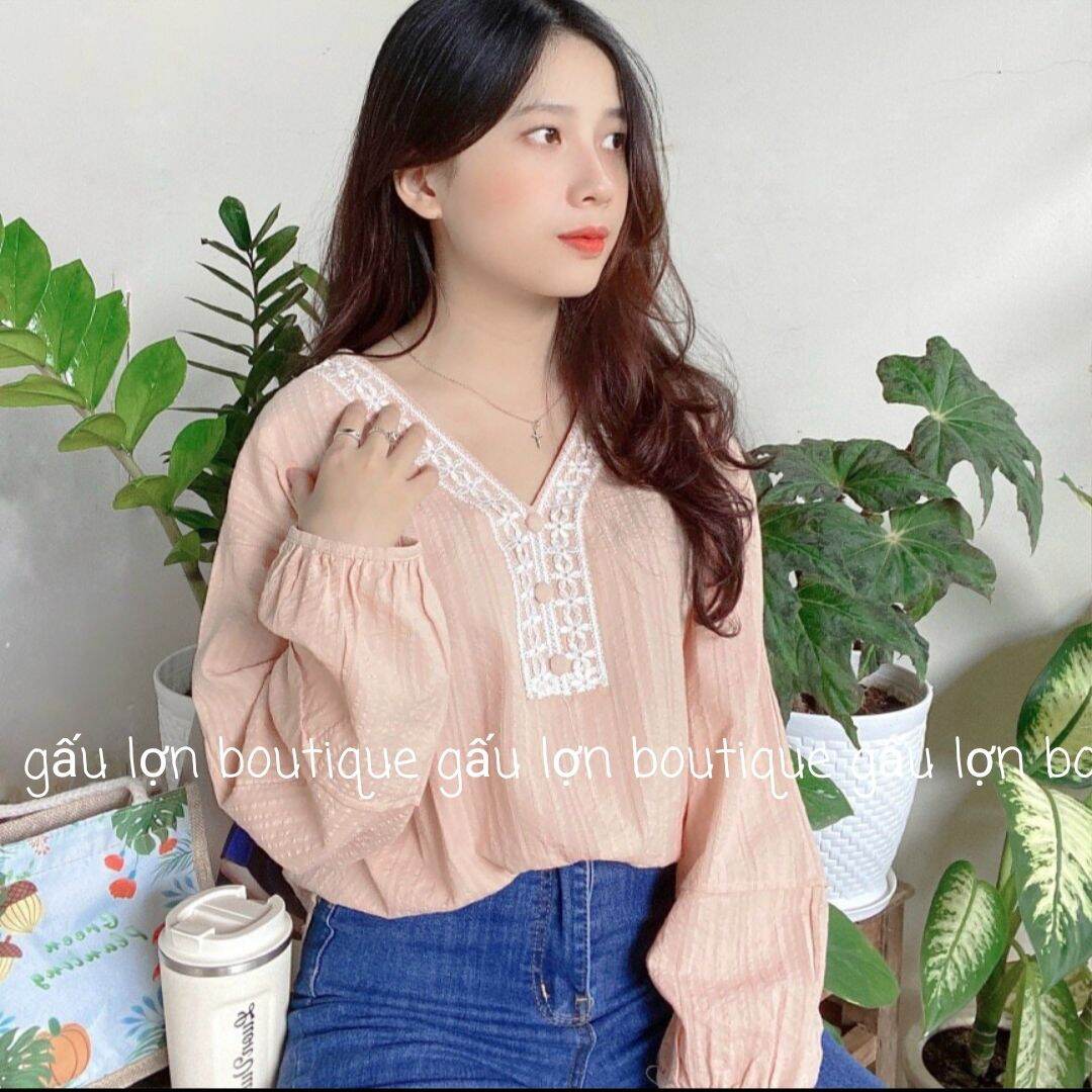 áo sơ mi kiểu cổ v cúc bọc vintage ảnh thật