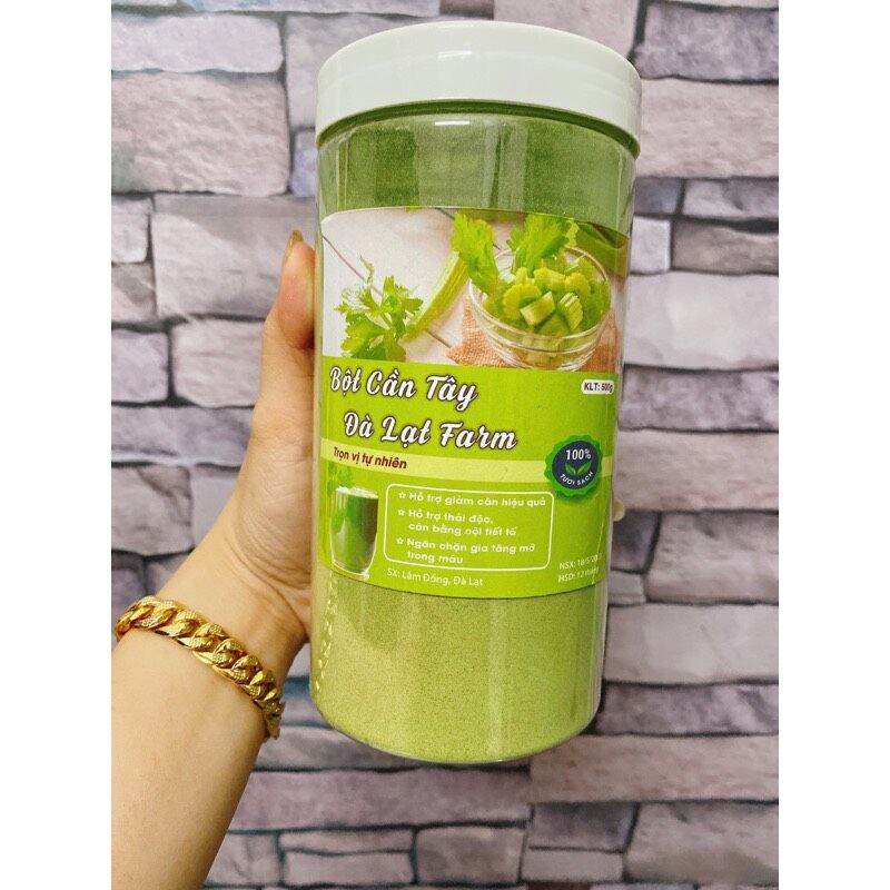 . Bột cần tây nguyên chất không pha hủ 500g Đà Lạt Farm. Bột cần tây sấy lạnh nguyên chất, bột cần tây sấy lạnh. Cần tây xay bột.