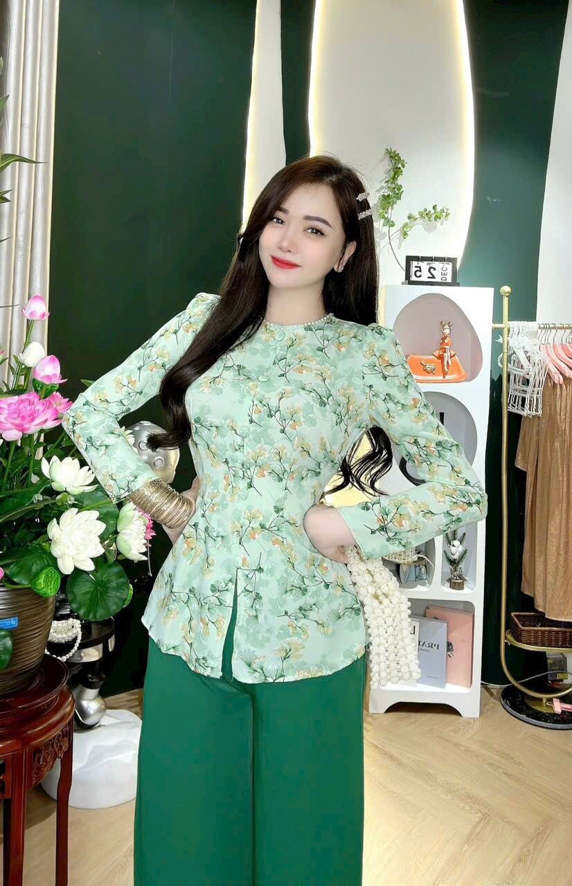 bà ba lụa Mango tay dài dún vai cổ ngọc