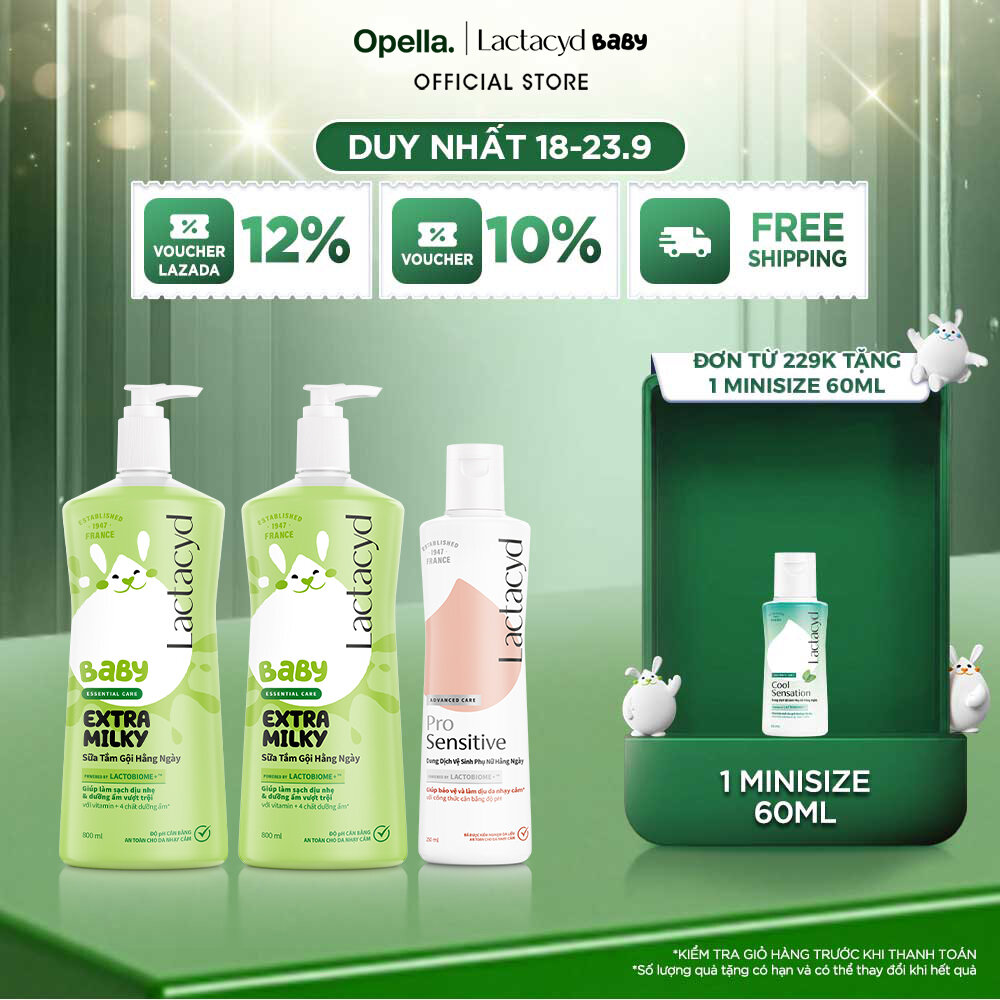 Bộ 2 Chai Sữa Tắm Gội Trẻ Em Lactacyd Baby Extra Milky Làm Sạch Dịu Nhẹ và Dưỡng Ẩm Vượt Trội Size Jumbo 800ml + Chai Dung Dịch Vệ Sinh Phụ Nữ Lactacyd Pro Sensitive Cho Da Nhạy Cảm 250ml