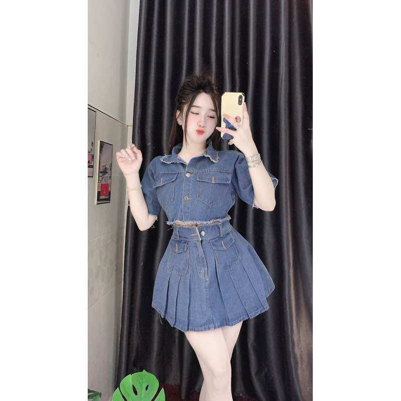 Jum đùi jeans cup ngực jum đùi viền sọc sang chảnh đính nút cho nữ đi dạo đi chơi
