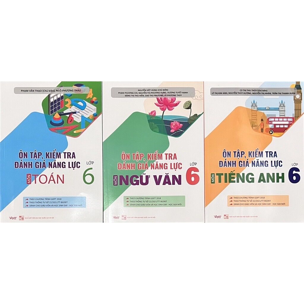 Sách - ôn tập, kiểm tra đánh giá năng lực môn toán - ngữ văn - tiếng anh lớp 6