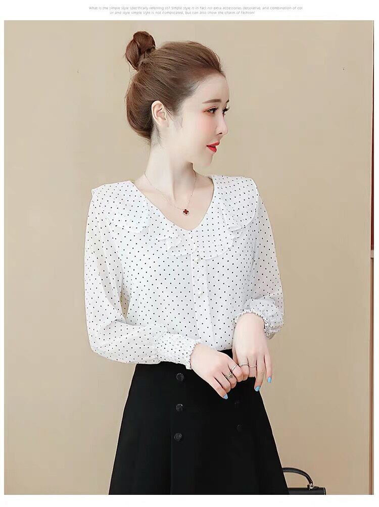 ÁO SƠ MI NỮ CHẤM BI CỔ BÈO TAY NHÚN CAO CẤP