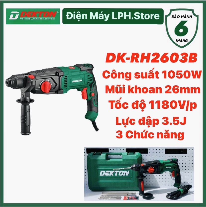 Máy khoan đục bê tông dekton dk-rh2603b. 3 chức năng 1050w tặng kèm 5 mũi khaon bảo hành 6t