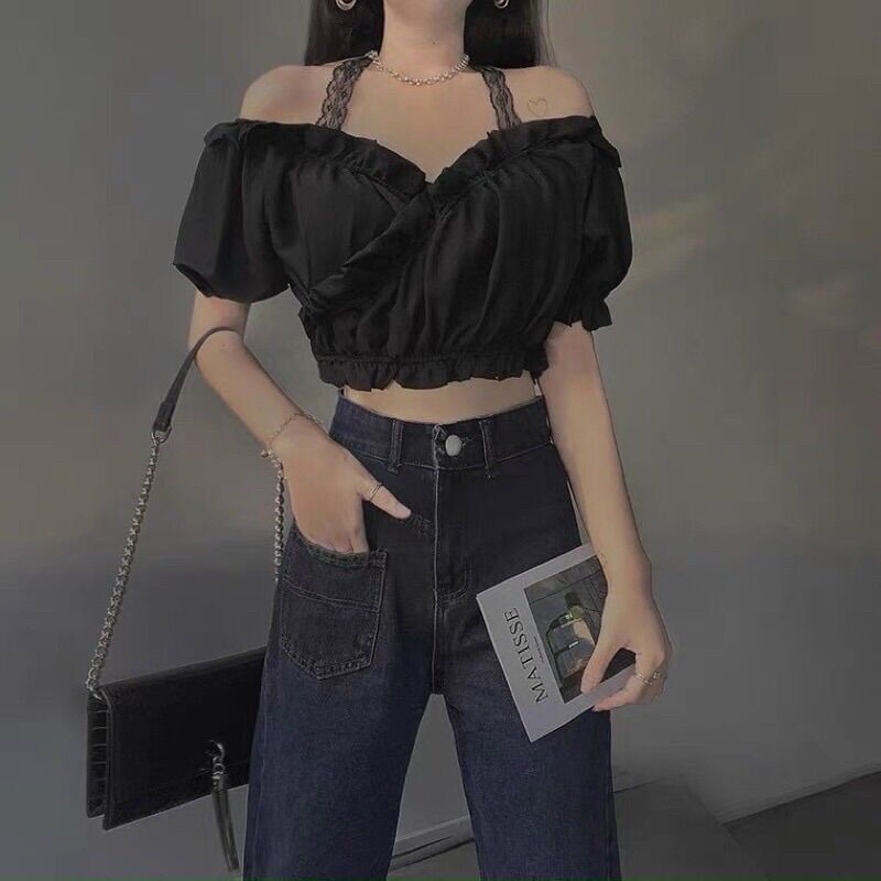 Áo Croptop Voan Đắp Chéo Phối Ren