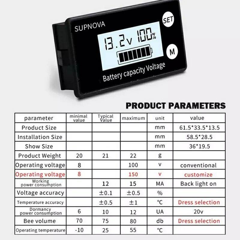 Đồng hồ đo dung lượng pin lithium, pin sắt, ắc quy điện áp hoạt động 8V-100V, hiển thị 4 thông số