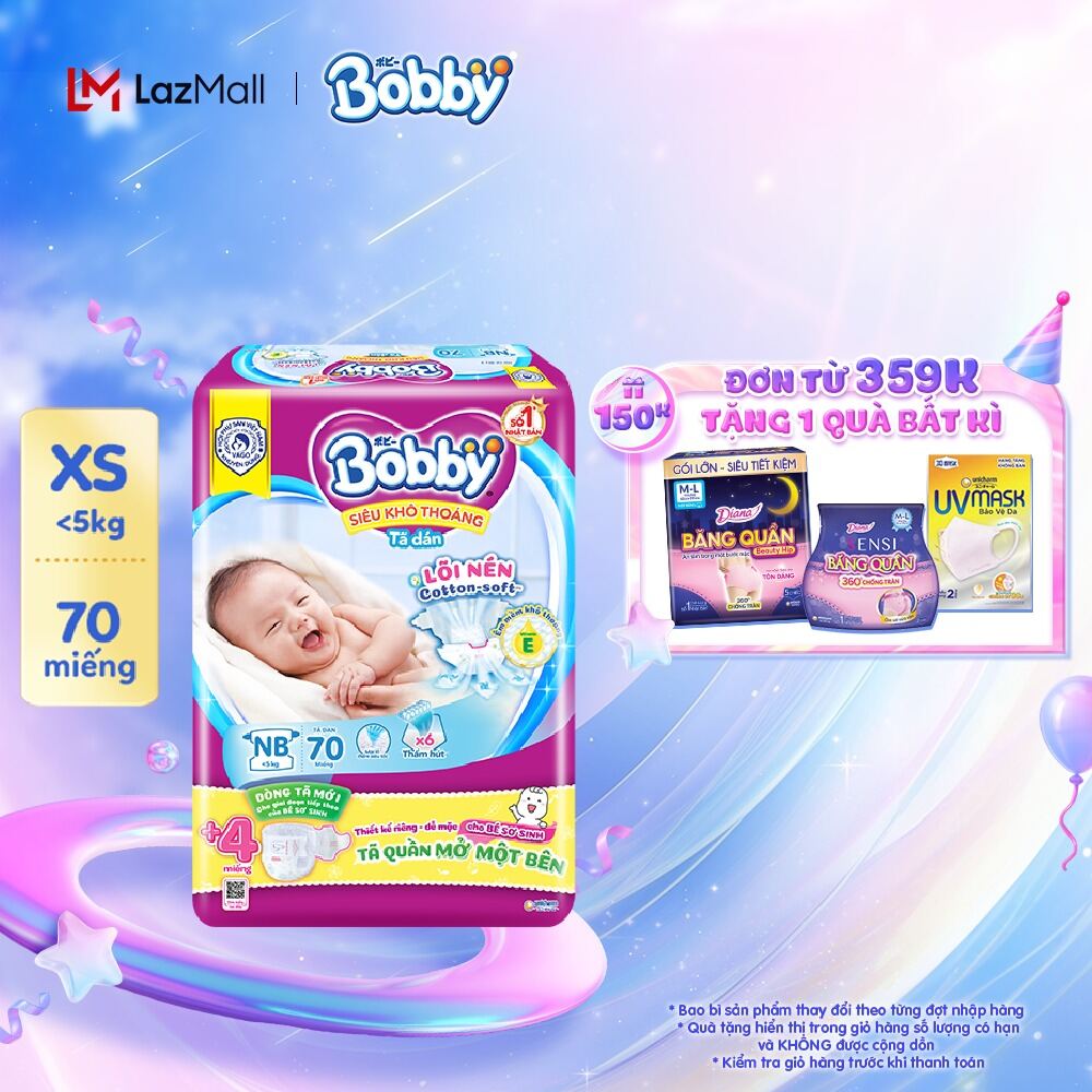 Tã dán sơ sinh Bobby Lõi nén Cotton-Soft 3mm 70 miếng (Tặng thêm 4 miếng Tã Quần Mở Một Bên)