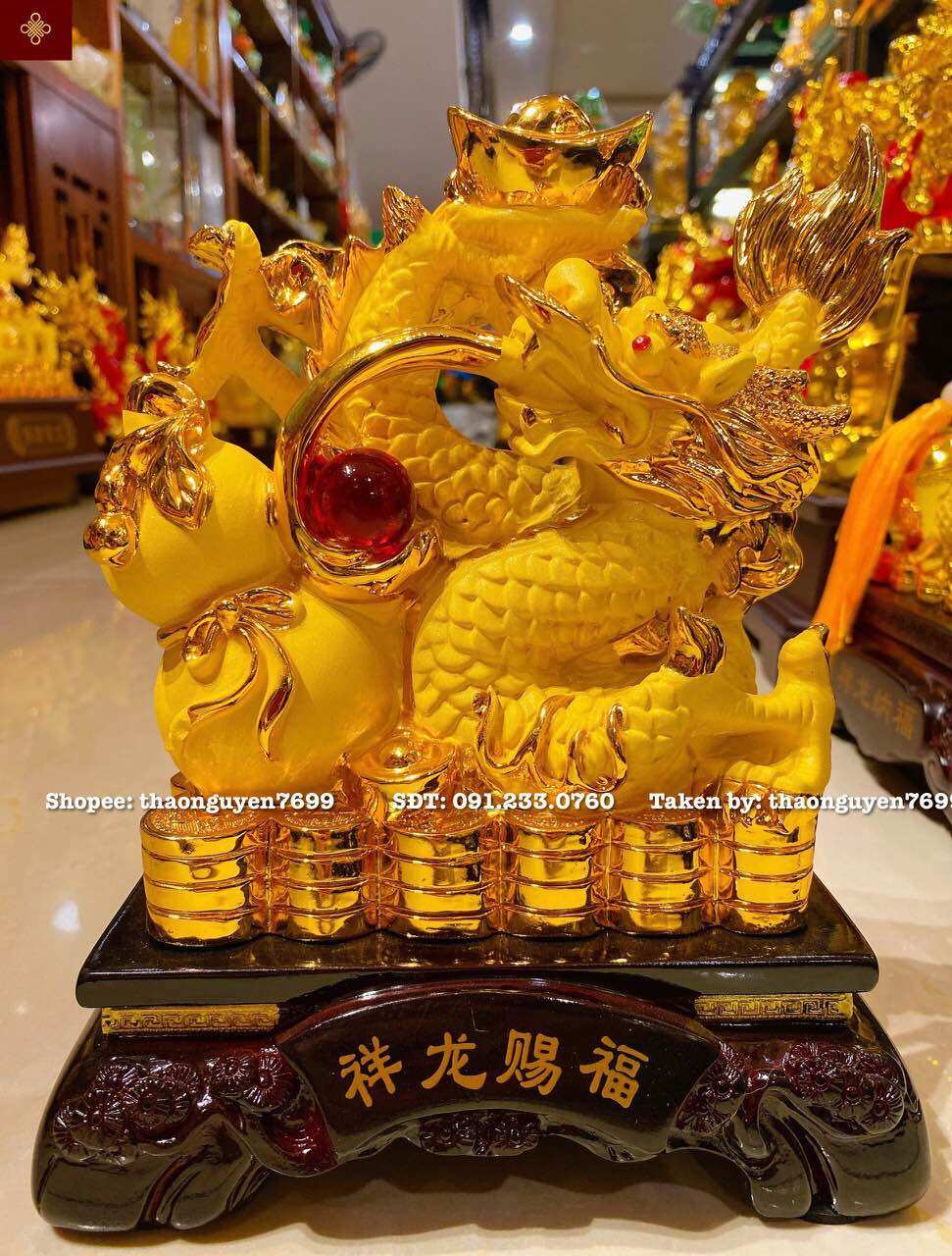 Tượng rồng phong thuỷ cuốn hồ lô màu vàng kim sa