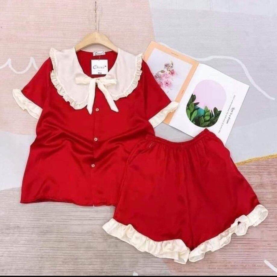 Đồ bộ pijama đùi, bộ đồ ngủ nữ mặc nhà cộc tay cổ bèo dễ thương chất liệu kate lụa