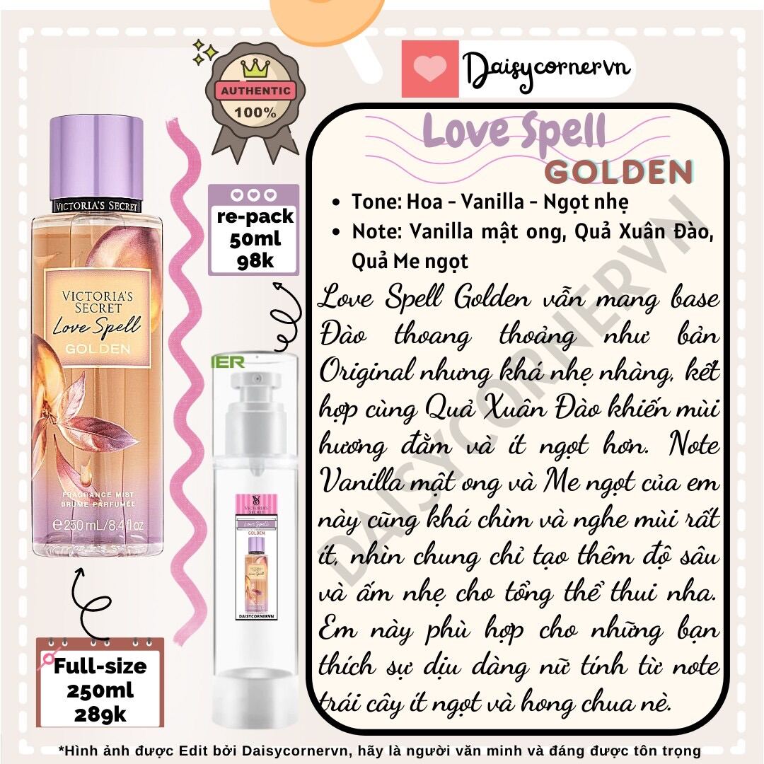 [Bill Mỹ] Golden Limited Edition - Xịt thơm toàn thân Body Mist Victoria’s Secret - Love Spell Golden - Pure Seduction Golden - Velvet Petals Golden - Bare Vanilla Golden