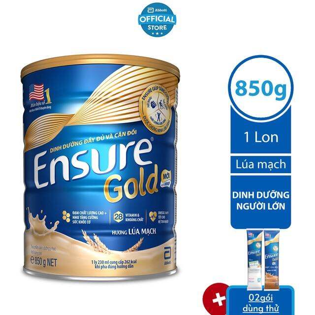 Sữa Bột Ensure Gold Lúa Mạch 850g Tặng 2 Gói Ensure Gold 60,6g