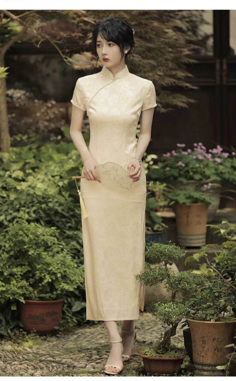 Đầm Sườn xám Cách Tân Dài Kết Trân Châu Trắng Nữ Tính