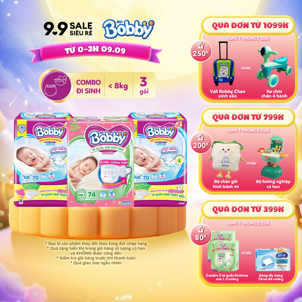 [TẶNG MIẾNG NGẪU NHIÊN] Combo sơ sinh gồm 02 gói Tã dán Bobby NB70 miếng và 01 gói Tã quần mở một bê