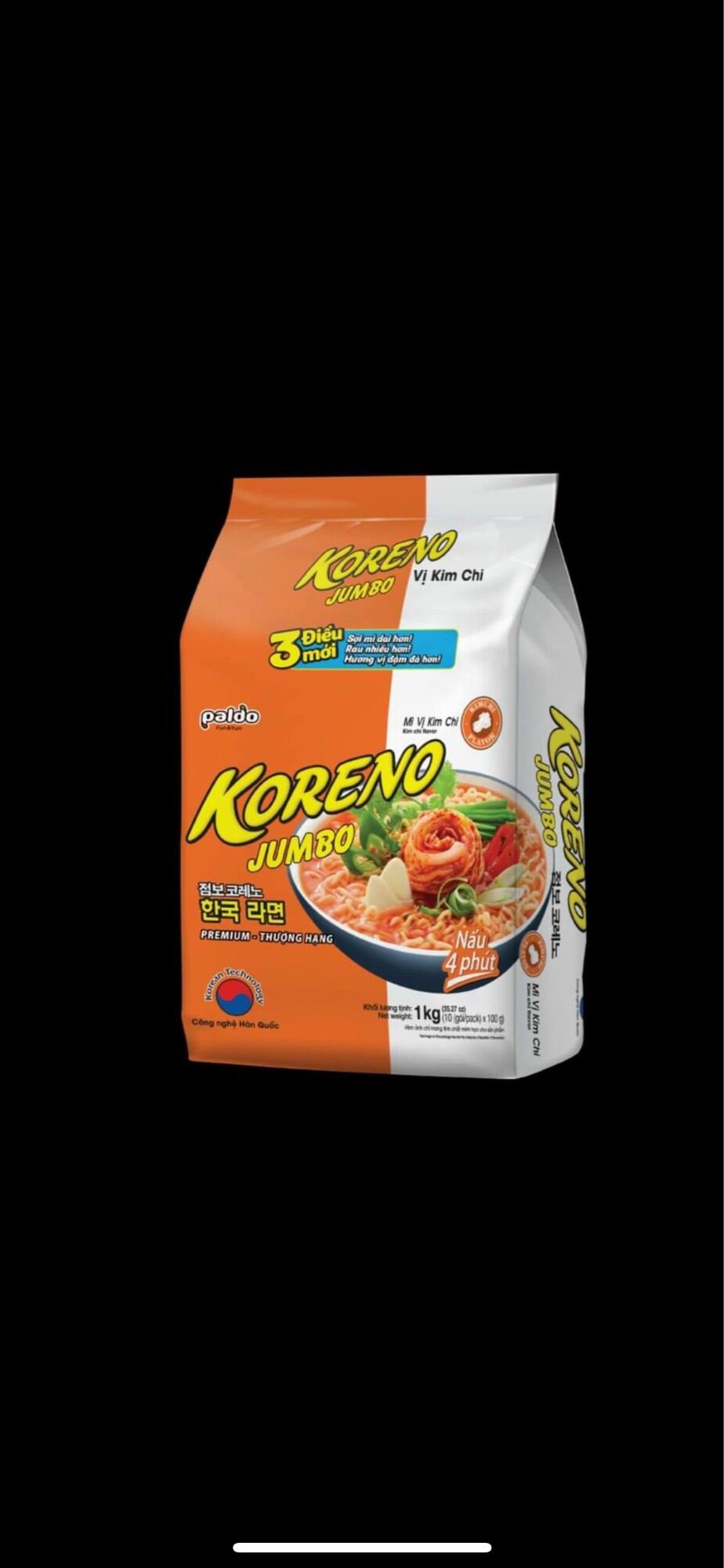 MÌ Ăn Liền KORENO JUMBO HÀN QUỐC 1KG ( túi 1kg) [Vị tôm, Vị bò cay, Vị gà, Vị Kim chi, Vị nấm], mì nấu 4 phút