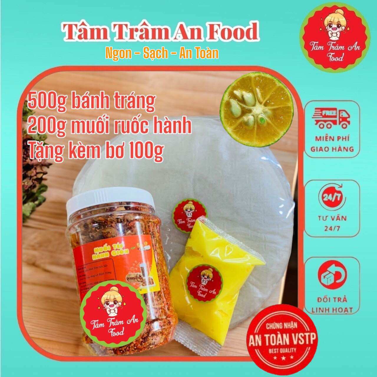 500g bánh tráng phơi sương, 200g muối ruốc hành giòn, 100g bơ