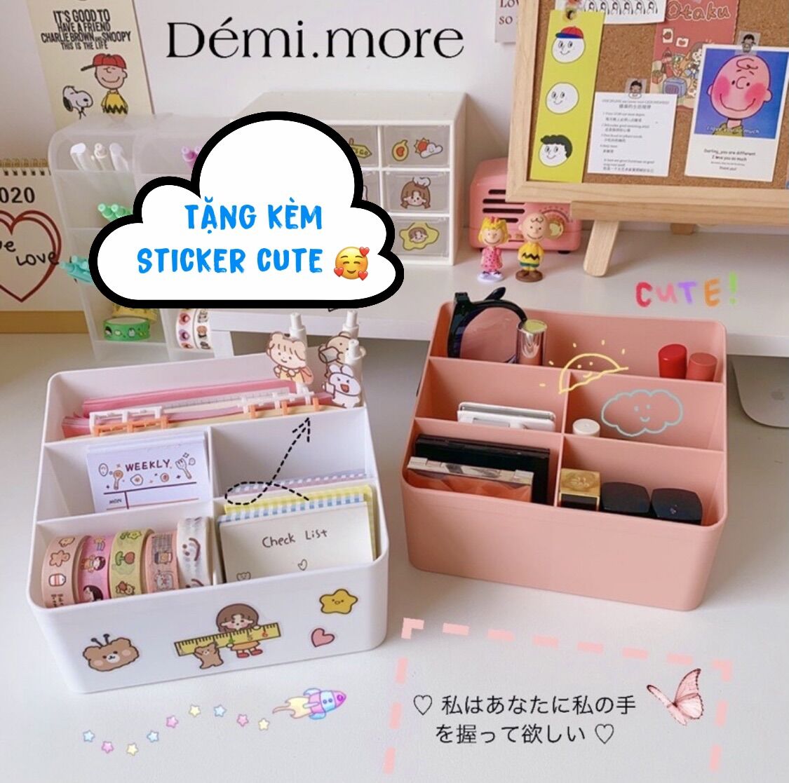Khay kệ nhựa đa năng 5 ô đựng mỹ phẩm, phụ kiện nhà Démi tặng kèm sticker xinh