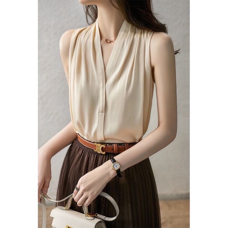 Áo Lụa Sát Nách Cổ Đắp Chéo Thanh Lịch