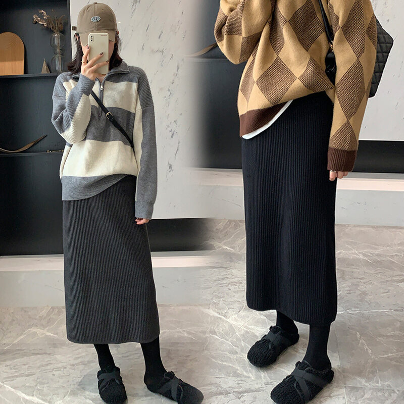  Chân Váy Bà Bầu Váy Xẻ Tà Sau Ôm Mông Lông Cừu Dệt Kim Mùa Thu Đông Chân Váy Ôm Mông Tôn Dáng Gầy Mẫu Dài Vừa Xuân Thu 