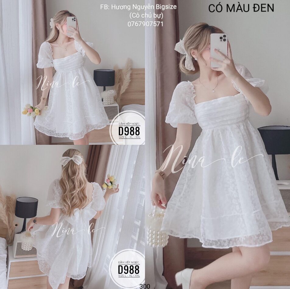 60-90kg bigsize đầm ren xếp ngực nơ lưng cao cấp d988