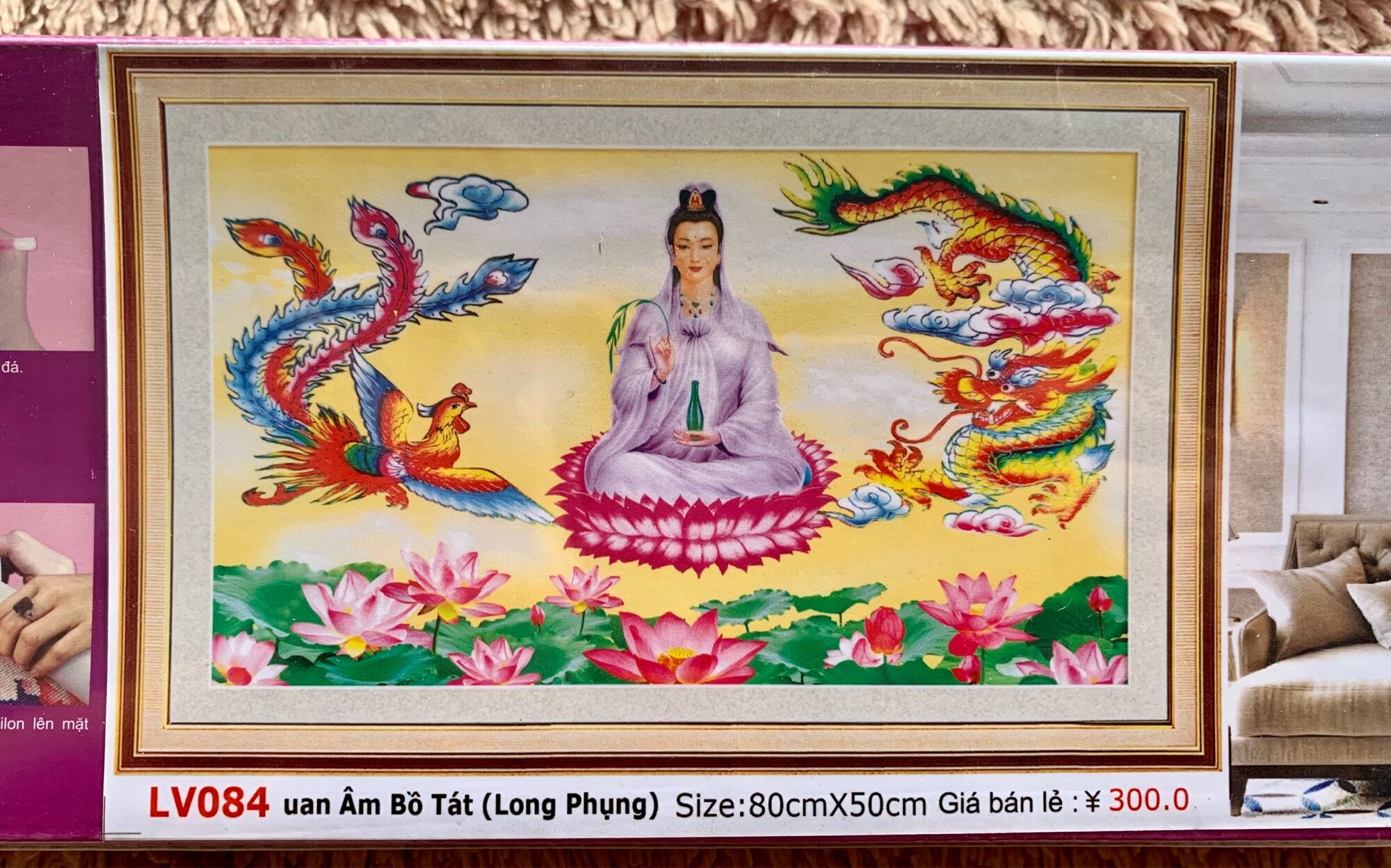 Tranh đính đá quan âm long phụng lv084 kt 80x50cm
