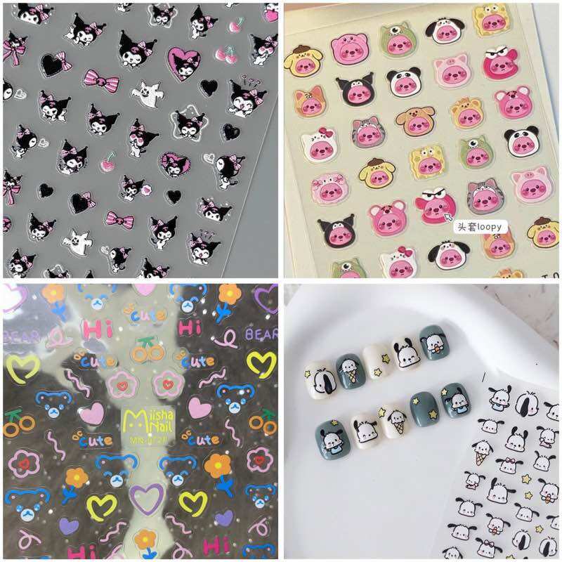 Sticker hoa , trái tim , gấu hoạt hình dán móng tay