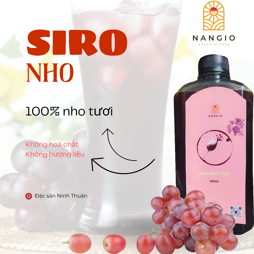 Siro Nho Ninh Thuận organic ít ngọt làm theo quy trình hiện đại dùng giải khát, tặng quà bảo vệ sức khoẻ từ nho tươi