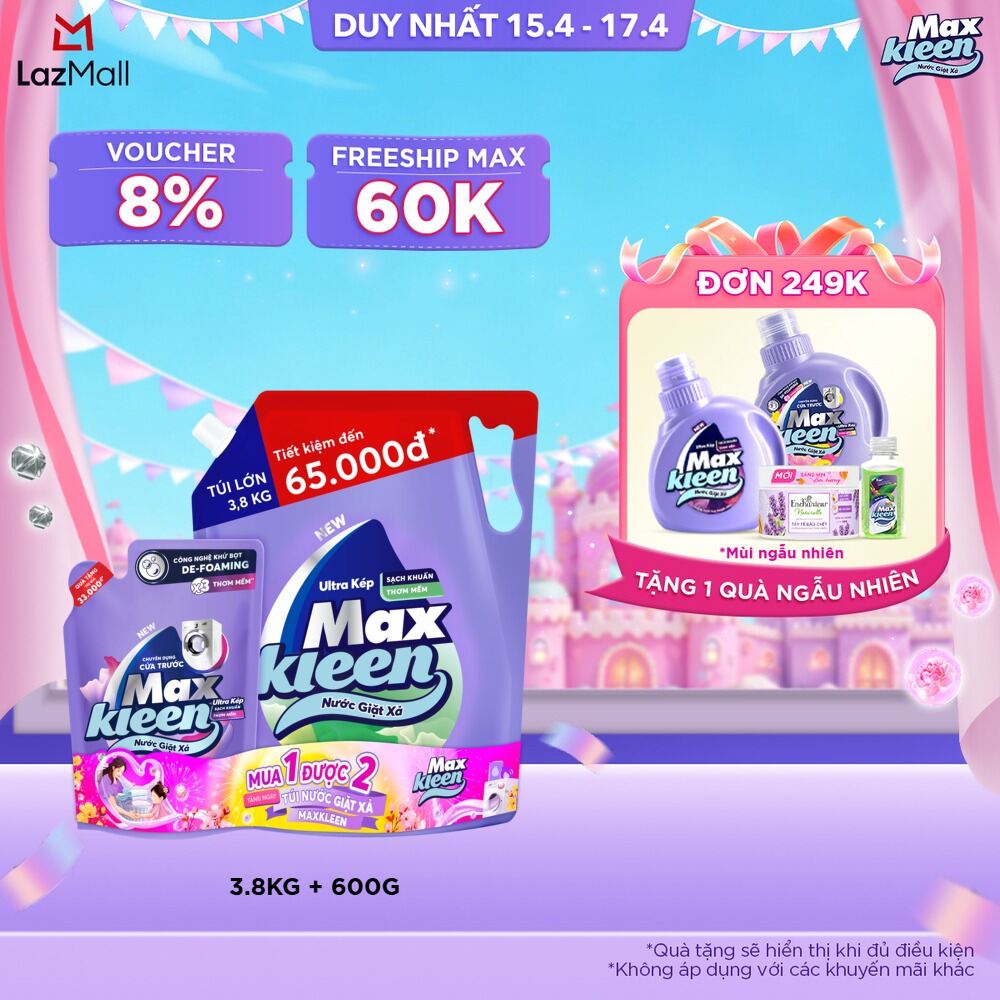 Combo Nước giặt xả MaxKleen Hương Vườn Sớm Mai: 1 Túi 3.8kg + 1 Túi 600g