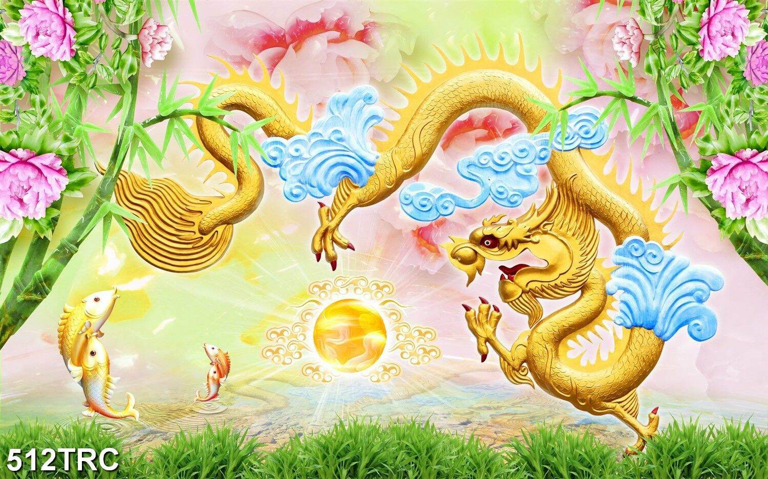 TRANH DÁN TƯỜNG 3D CÁ CHÉP HÓA RỒNG 512TRC - TRANH KIM LONG VỜN CHÂU